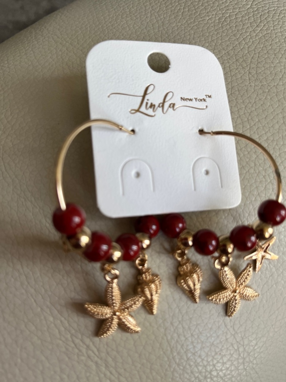 Linda NY Gold Hoop Earrings with dark Red Beads and Sea Charms!  New.